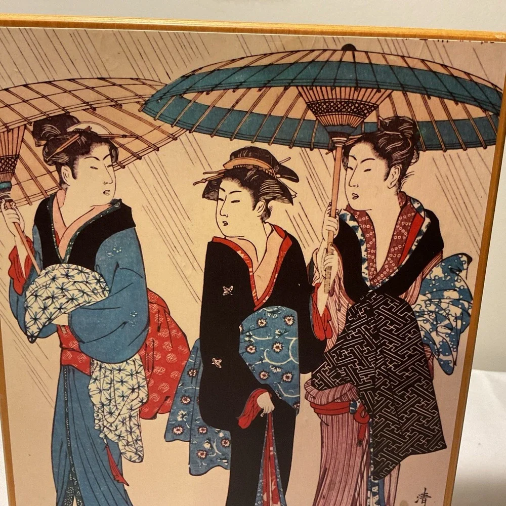 Balos Woodblock Print Depicting 3 18th Century Geisha With Rice Paper Stationary